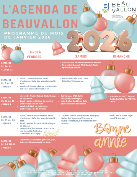 Agenda de Beauvallon - Janvier 2026